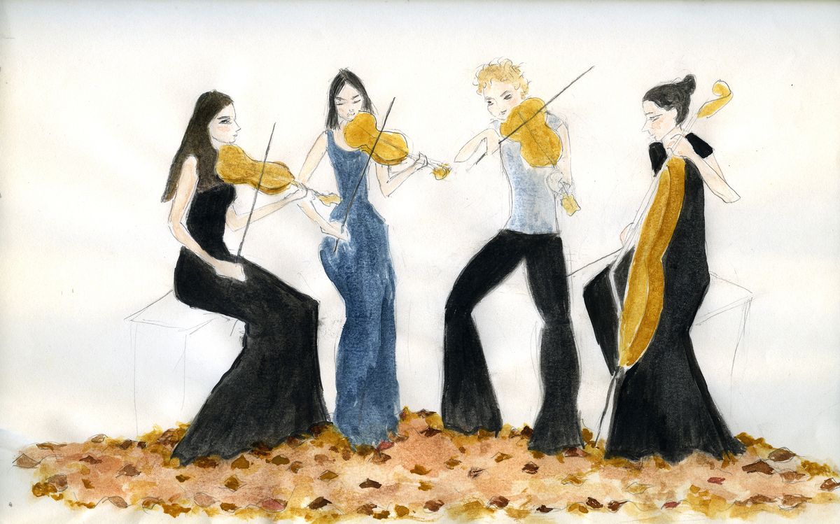 Illustration : les quatre musiciennes du quatuor, dessinées à l'aquarelle